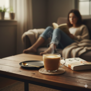 湯気が立ち上る温かいコーヒーと一冊の本。午前中に「喫茶去」を実践し、リラックスする穏やかな時間のイメージ。