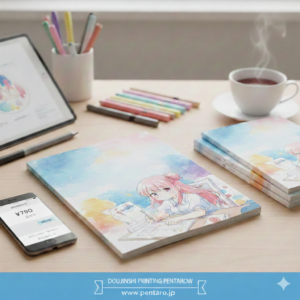1冊から作れる同人誌印刷ペンタローのイメージ画像。デスクの上にある可愛いイラスト集、タブレット、コーヒーカップ、そして¥790と表示されたスマホ。